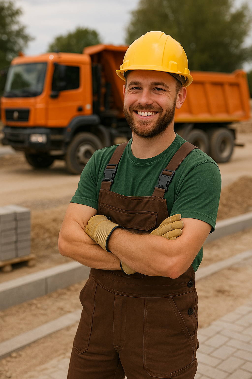 Ein glücklicher Mitarbeiter steht auf der Baustelle und freut sich Paul auf der Baustelle vor einem LKW stehend