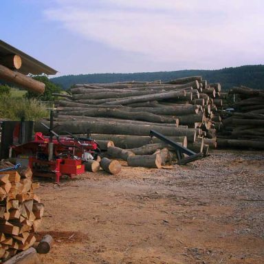 Große Holzstapel vor Forstmaschine auf Holzlagerplatz
